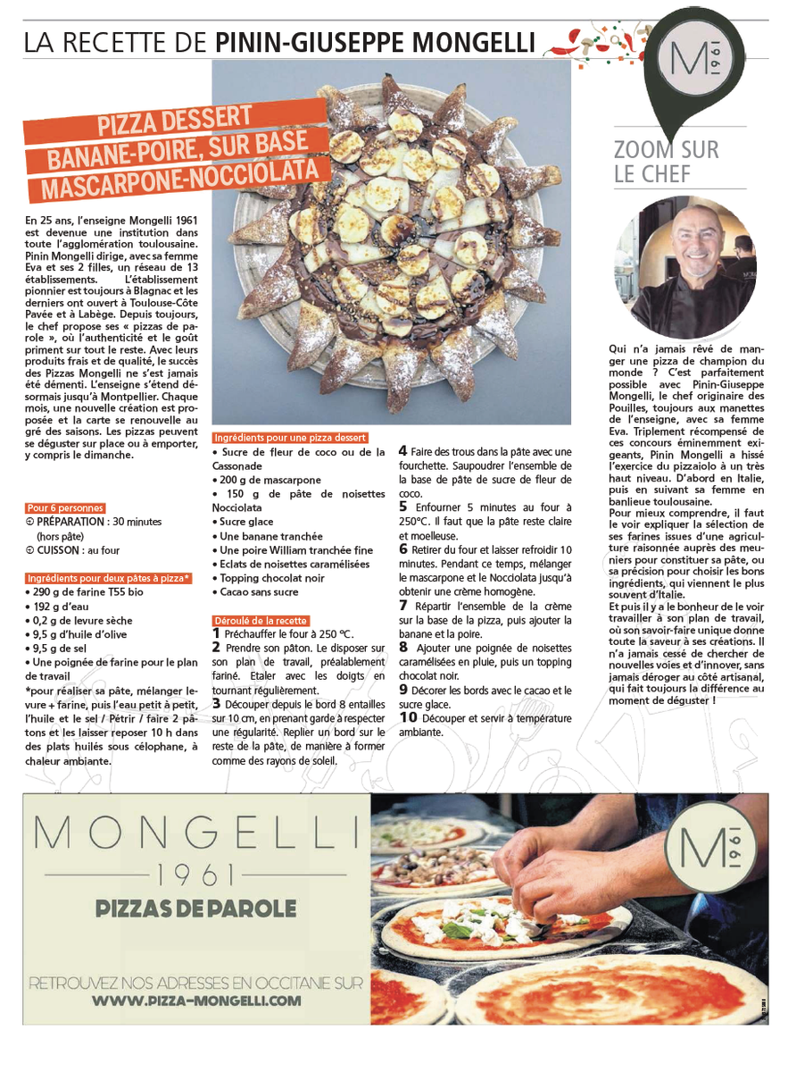 Dans son édition du 16 au 22 juillet,
Côté Toulouse (<a href="/actutoulouse/">Actu Toulouse</a>) partage 12 recettes de 12 chefs à tester ! 

Pinin Mongelli vous propose une pizza dessert banane-poire, sur base mascarpone-nocciolata !
✏ <a href="/aurelt31/">Aurelien Tardiveau</a>