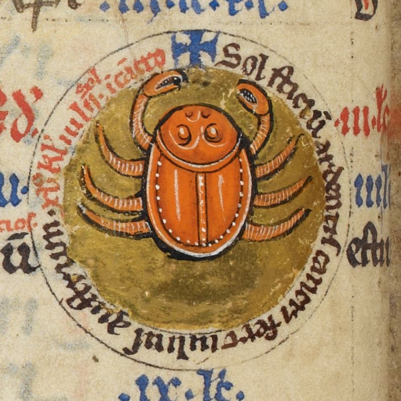 SlCathy's tweet photo. Some British Library calendar treats.  @LockdownBestia1 @AphraPell @julianpharrison @PosyHill1 

These Zodiac symbols within small roundels are eye-popping.  Left, not enough legs perhaps?  Right, far far too MANY legs!  Eek.

Add MS 62925, better known as the Rutland Psalter. 🦀 https://t.co/h3dKNgP6tV
