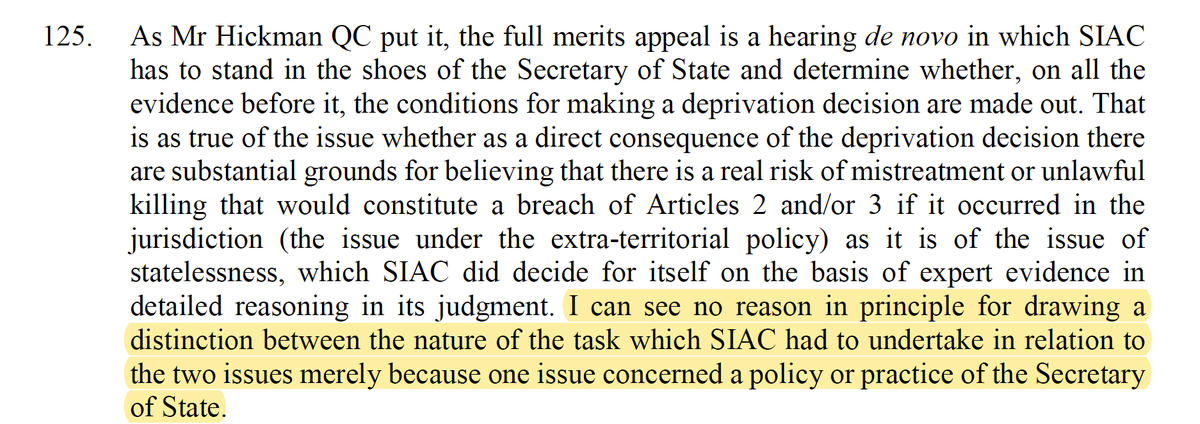 The 2nd issue is really important too - as SIAC (the court which decides the appeal) will have to consider the deprivation of citizenship issue for itself based on a full analysis of the risks to Begum of death or inhuman treatment/torture - not just whether Home Sec was rational