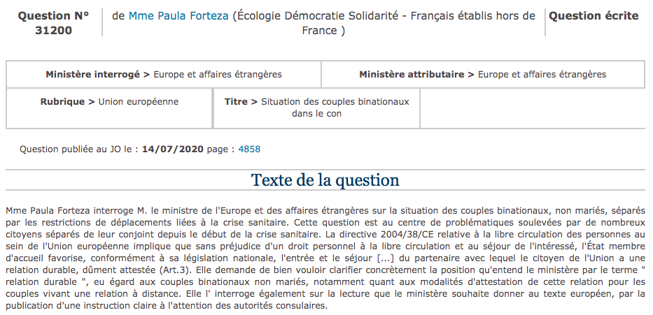 PaulaForteza's tweet photo. Depuis plus de 3 mois des couples sont séparés et sont dans l’attente de pouvoir enfin se retrouver. Les restrictions liées à la pandémie les en empêche. 

J’ai demandé au ministre @JY_LeDrian de préciser la manière dont nous pourrions les réunir. 
#LoveIsNoTourism https://t.co/1va2c9CQwN