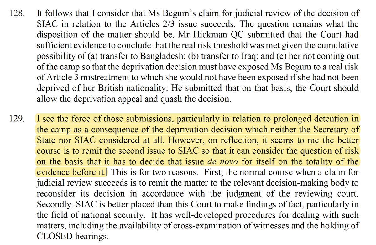 Court almost bit and decided the issue for itself ("I see the force of those submissions") but ultimately trod the middle path which is really the direction of travel throughout the judgment and sent it back to the first court to fully determine. All to play for for Begum