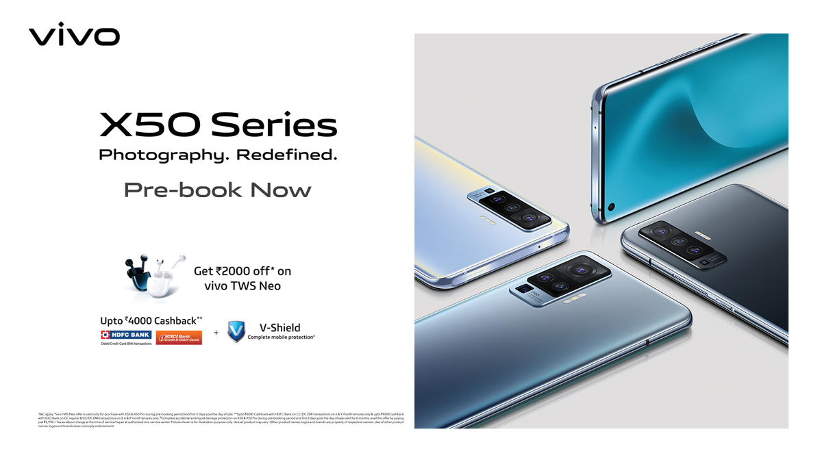 Vivo_India's tweet photo. Unbox crystal-clear captures and amazing sound with the #vivoX50series + #vivoTWSNeo combo, starting at INR 38,980/-
Switch to Dark Mode to Xperience #PhotographyRedefined with Gimbal Camera System and Superb Night Camera.
Prebook Now- https://t.co/GC8DQmwwqi https://t.co/WQY0eUnKxB