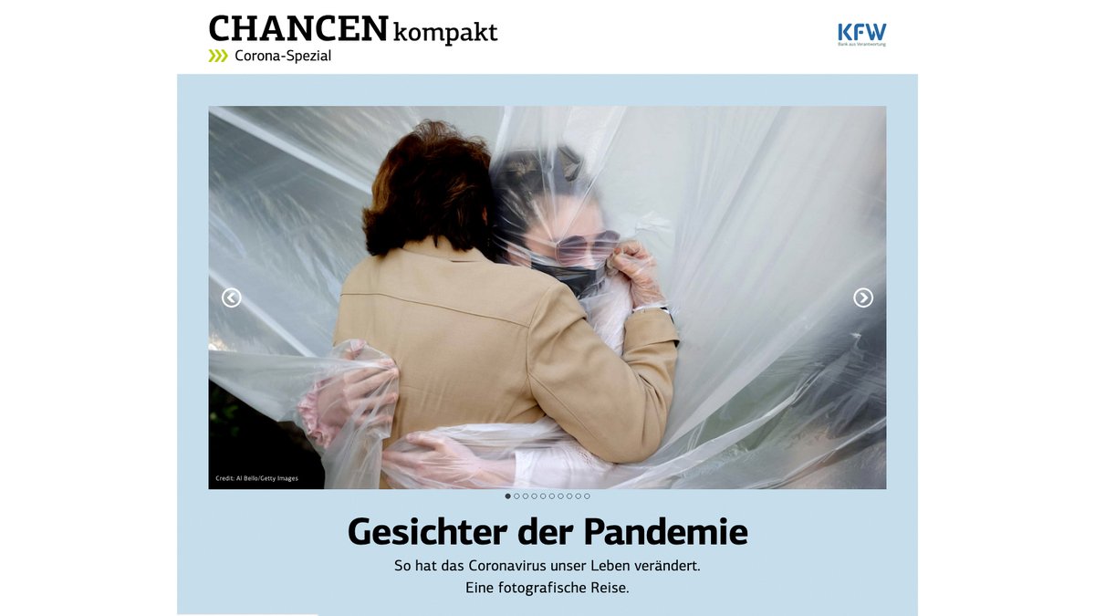 KfW's tweet photo. ▶️ Brandneu! Das Onlinemagazin #ChancenKompakt ist da! Wie verändert die #Coronakrise die Gesellschaft? Welche Auswirkungen hat sie auf die Wirtschaft? Wir stellen bewegende Geschichten vor und nehmen euch mit auf eine fotografische Reise. https://t.co/2DGSjtFBaV 
#KfWCoronaHilfe https://t.co/m2PMPCXLqW