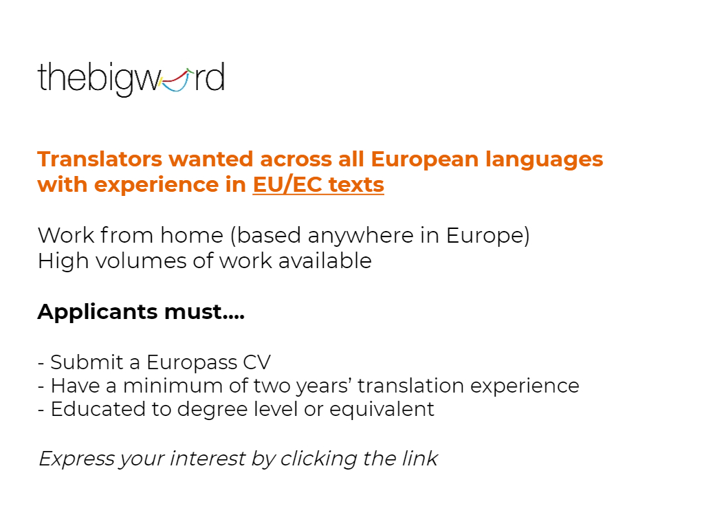 tbwglobal's tweet photo. Are you a Freelance Translator? Are you looking for an irresistible opportunity with an experienced, innovative and supportive Language Service Provider?

https://t.co/a22rzg5weh

#translators #thebigword #recruiting https://t.co/JQXVsymS7x