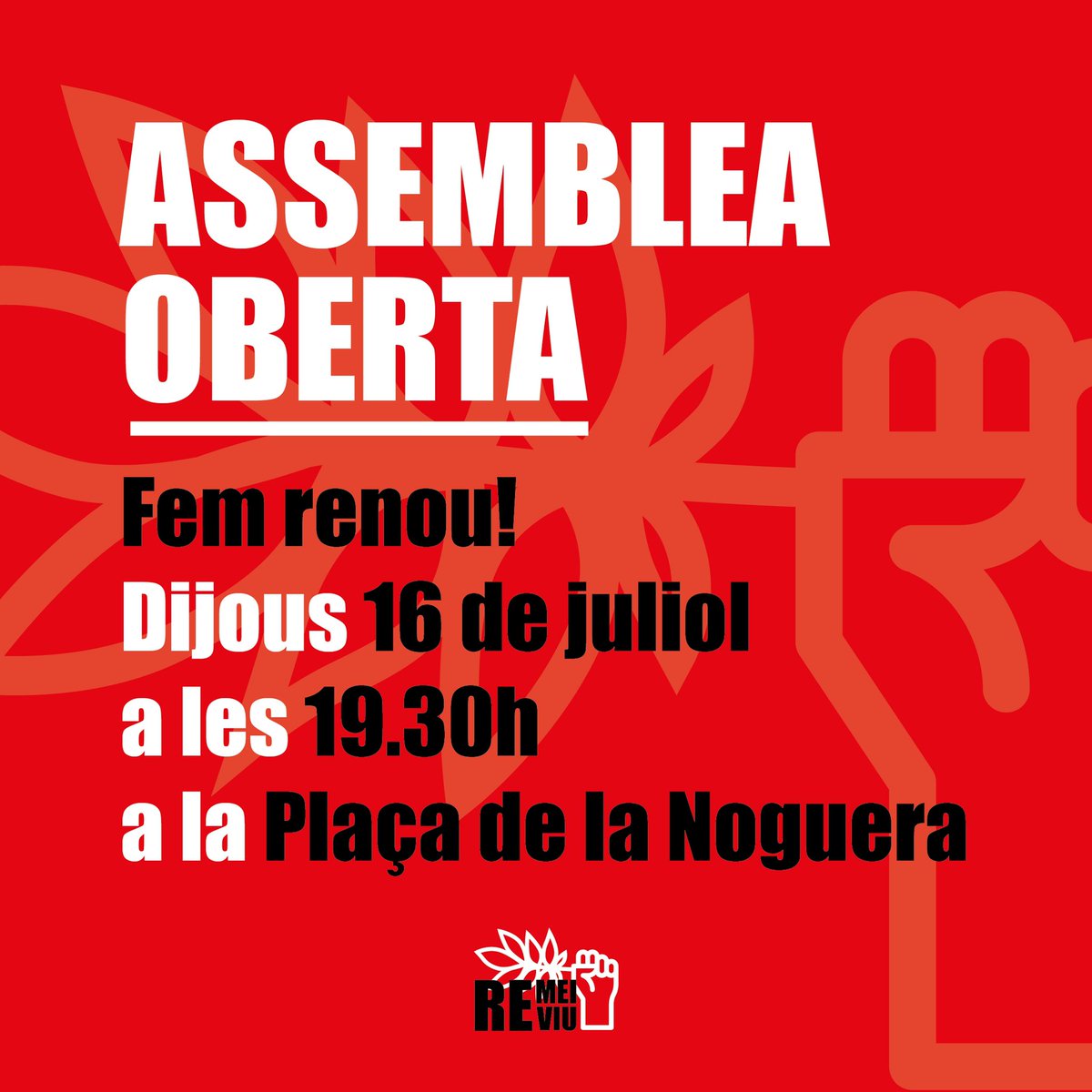 RemeiReviu's tweet photo. 🔉Veïns i veïnes, avui ens trobem a la Plaça de la Noguera. Recordem que durant tot el juliol, Remei Reviu ens trobarem a la plaça tots els dijous a les 19:30h quinzenalment per fer renou i activar el barri!
✊🏾🌿Aconseguim que no ens toquin les nous entre totes!! #remeireviu https://t.co/LiKnJUnWu0