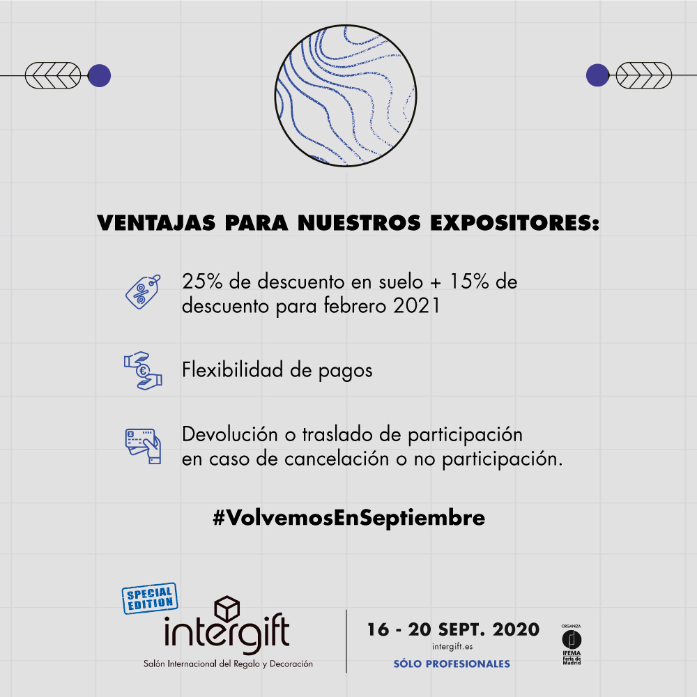 FeriaIntergift's tweet photo. Intergift vuelve del 16 al 20 de septiembre, pabellones 3 y 5 de @IFEMA, ofreciendo a nuestros #expositores una herramienta para reactivar su actividad en condiciones óptimas y bajo los protocolos que garanticen la seguridad de todos.
#Intergift2020 | #VolvemosEnSeptiembre https://t.co/w97jkHiaDA