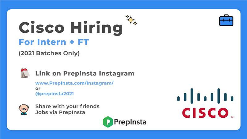 prepinsta's tweet photo. Hello PrepSters, Cisco is hiring 2021 Batch Pass-outs for Internship and Full Time Offers. 

Link and other details only on our Instagram.  

Visit https://t.co/G8OhzPHAGR  

or Search "PrepInsta2021" on Instagram. 

Hurry Up!! Link expires soon.

#prepinsta #prepsters #placement https://t.co/IZ6k4Y6lcB