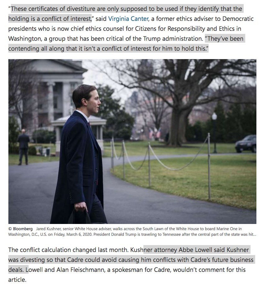 The divestiture from Cadre was flagged as a conflict back in 2017, and divesting his shares was so paramount even Jared's crooked lawyer Abbe Lowell flagged it as something that Jared had to do as soon as possible.