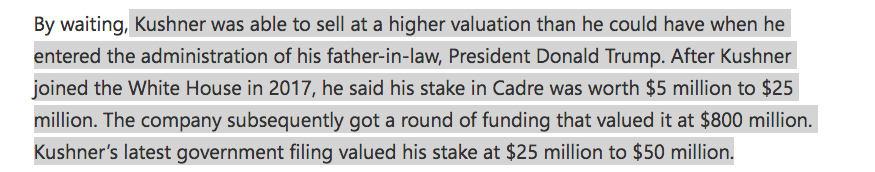 When the announcement was made that Jared was divesting his shares it strangely raised no eyebrows. After 3 years of resisting selling his shares, he sold them days before the markets tanked. What luck! https://www.msn.com/en-us/news/politics/jared-kushner-rode-cadre-to-bigger-valuation-bigger-tax-break/ar-BB10QHVz