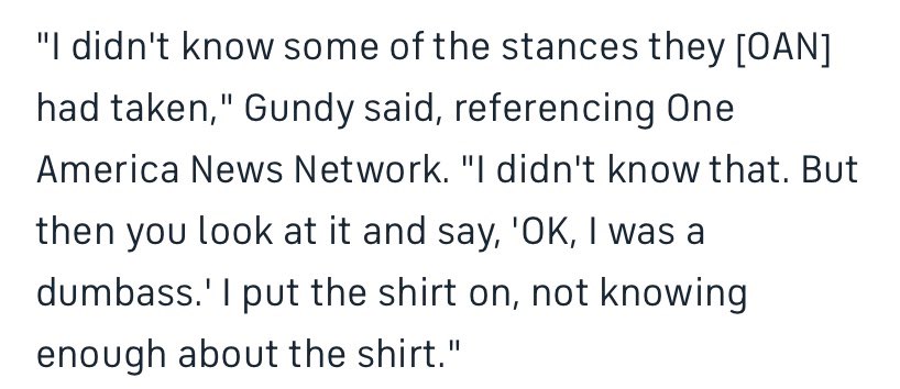 Mike Gundy told OAN that he wanted OAN gear in April.

"I'm a big fan of you guys!" Gundy wrote in an email obtained by <a href="/MattBrownEP/">Matt Brown</a>.

He later told ESPN: "I didn't know some of the stances they [OAN] had taken... I put the shirt on, not knowing enough about the shirt."