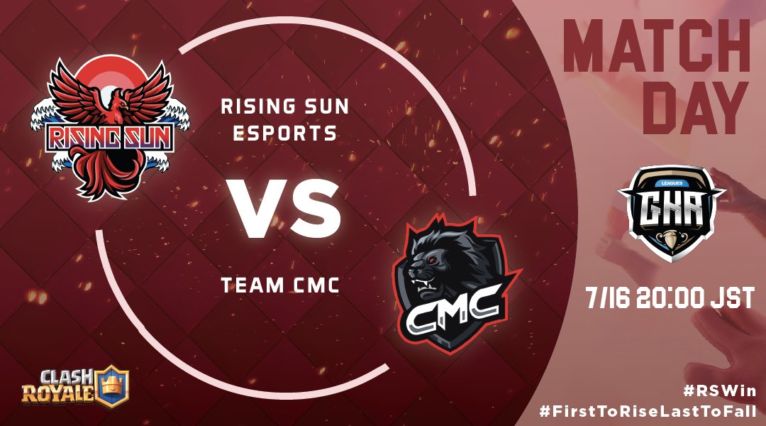 RisingSun_GG's tweet photo. 【クラロワ部門】
@GkrLeagues
今日の20:00から Rising Sun Esports vs. Team CMC の試合があります!
試合の模様はSho(@Sho_RS_CR )さんのMirrativにて配信致します。
⚔️ vs. Team CMC
(@teamcmc_sg )
🔜 20:00 JST🇯🇵
📺 https://t.co/pT8nTrEhob
#FirstToRiseLastToFall
#RSWin https://t.co/xfzd20qFnk