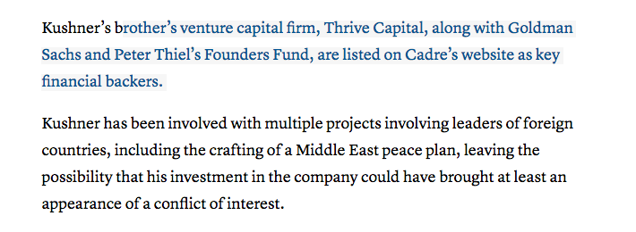 I just love how this article implies that as long as domestic investors pour money into Jared's pockets, (cough Github, Oscar, Thrive Capital) it's not a conflict of interest or outright corruption.