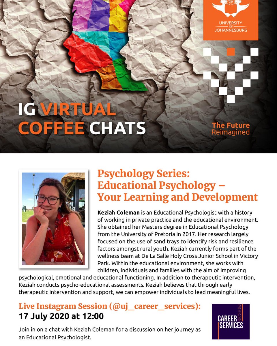 UJCareerService's tweet photo. Tomorrow we end off our Psych series chatting to an Educational Psychologist. Don't miss it :)
#IGSessions
#LetsStayConnected
#PsychologySeries
#PsychStudentsStandUp
#YourFutureCareer
#UJCareerServices
#YourCareerReimagined https://t.co/JS7u0DN4iU