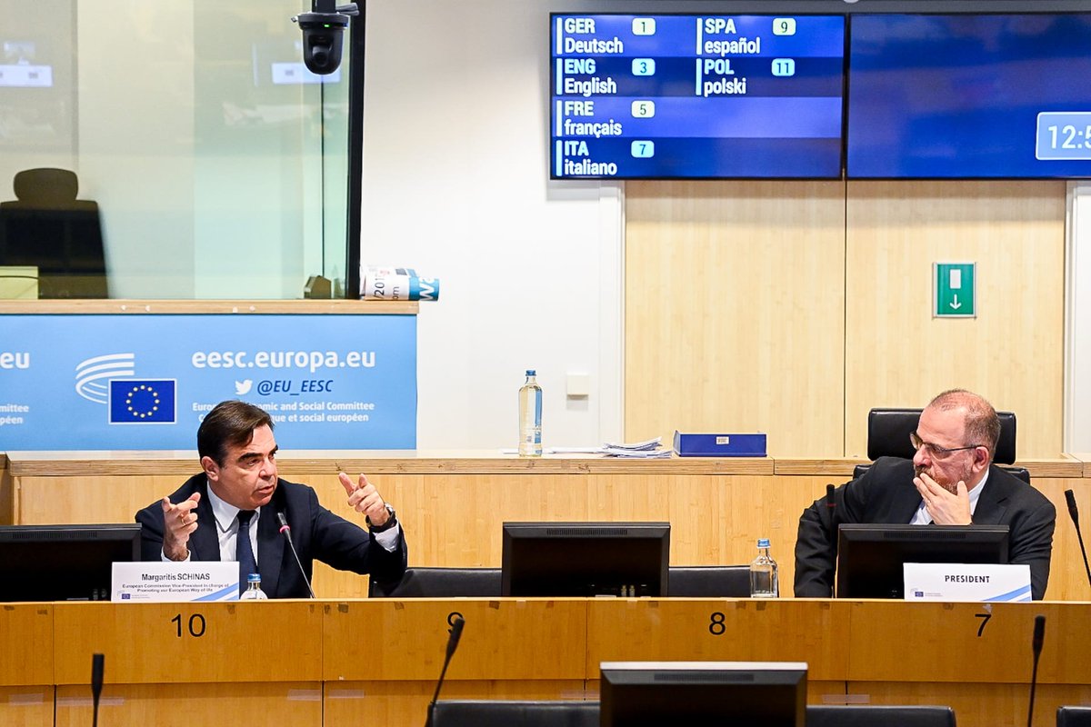 EESC_President's tweet photo. It is a great pleasure to welcome @EU_Commission VP @MargSchinas to our #EESCPlenary for a debate on "Promoting our European Way of Life" based on the values of #solidarity, #equality and #fairness. These three elements are at the core of the @EU_EESC's endeavours. https://t.co/ibcstFpQlD