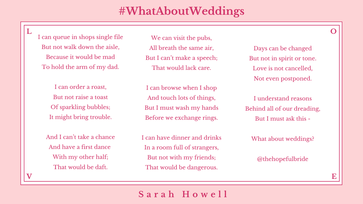 GuidesForBrides's tweet photo. We'd like to share with you this fantastic poem written by COVID Bride Sarah Howell, entitled #WhatAboutWeddings!

#loveisnotcancelled #weddings #ukgovernment #ukbride #2020wedding #wedding #coronavirus #covid19 #coronavirusuk #weddingindustry https://t.co/vClhGoP04m