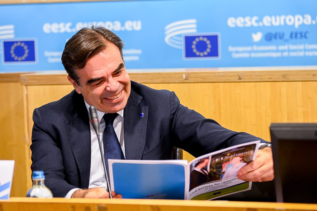 EESC_President's tweet photo. It is a great pleasure to welcome @EU_Commission VP @MargSchinas to our #EESCPlenary for a debate on "Promoting our European Way of Life" based on the values of #solidarity, #equality and #fairness. These three elements are at the core of the @EU_EESC's endeavours. https://t.co/ibcstFpQlD