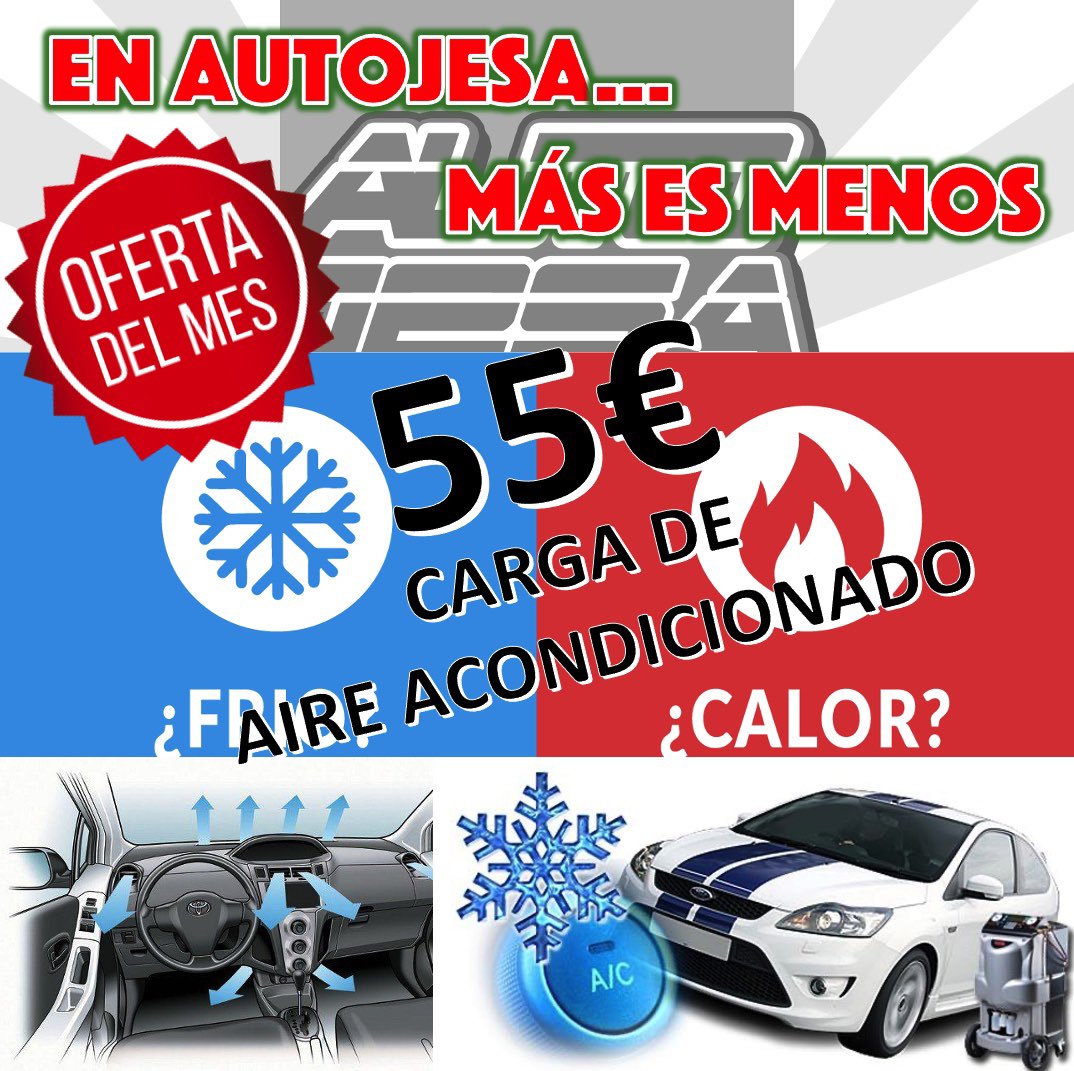 Autojesa's tweet photo. En Taller Autojesa si sube el calor🔥 nos bajamos los precios📉, por solo 55€ (impuestos incluidos) completamos tu 🌬Carga de aire acondicionado con:

1- Carga completa del circuito❄️
2- Sistema de detección de fugas🔎
3- Inyección de Aceite del compresor y Aditivo UV🧪 https://t.co/ksyr0ma9t8
