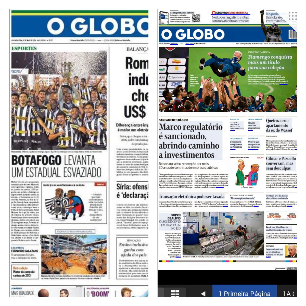 othiagopinheiro's tweet photo. "Flamengo conquista mais um título para a sua coleção", diz o título do @OGlobo_Esportes, no campeonato estadual mais bagunçado que se tem notícia. No meio de mortes e uma guerra jurídica, há a celebração.

Mas, em 2013, com o Botafogo, estava lá: "Estadual Esvaziado". https://t.co/xM3njtF0nj