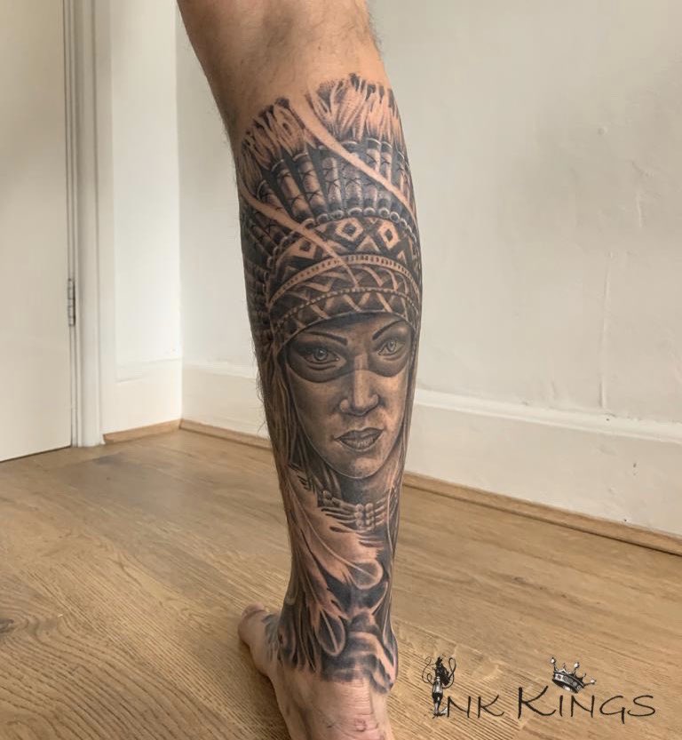 Native American themed leg sleeve tattoo, realistic