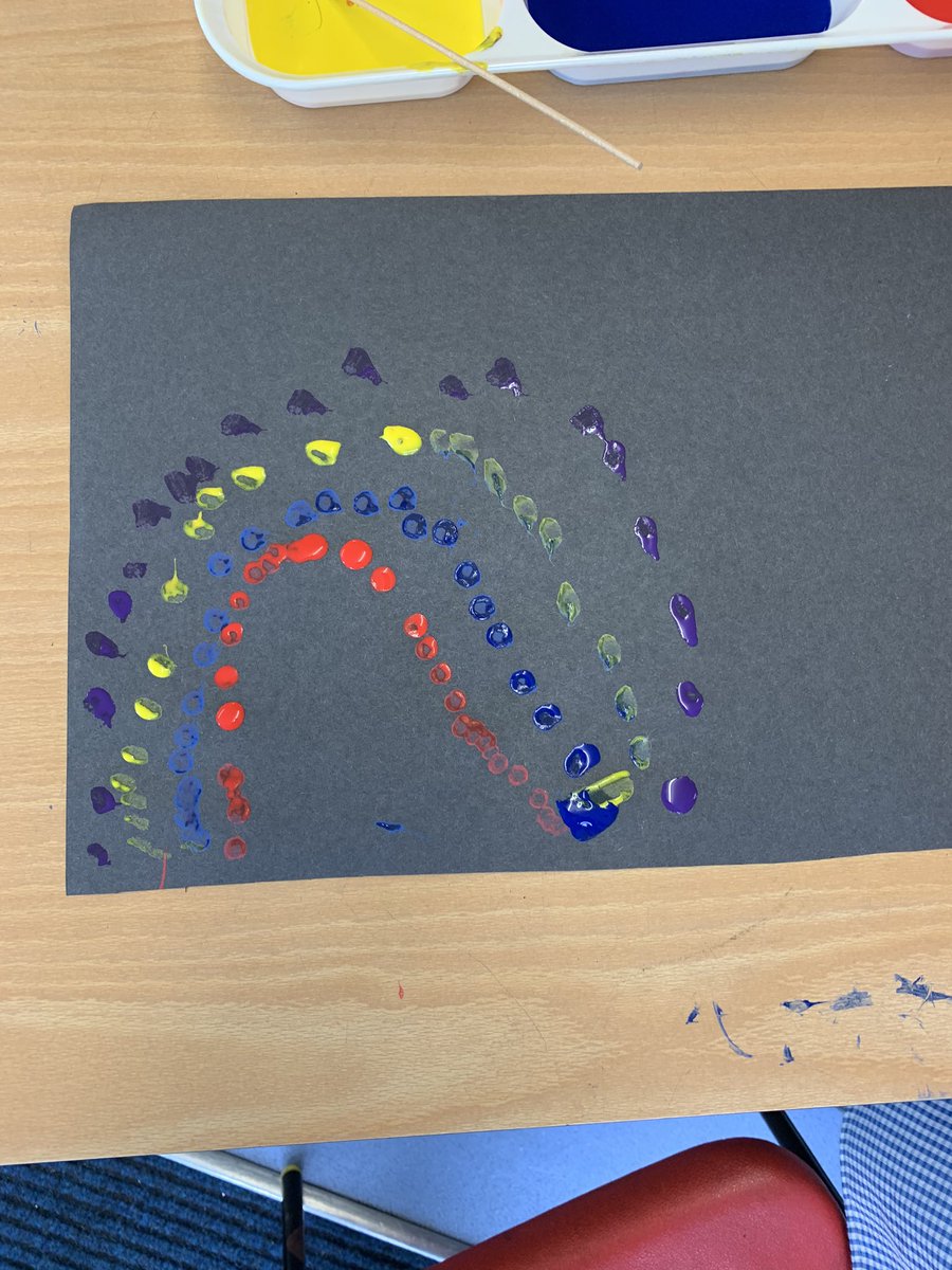 LucyCarter777's tweet photo. @ClivetheCrane Experimenting with Dot painting to make a rainbow 🌈 The children loved mixing colours to make new colours. https://t.co/QX8BzN6xeY