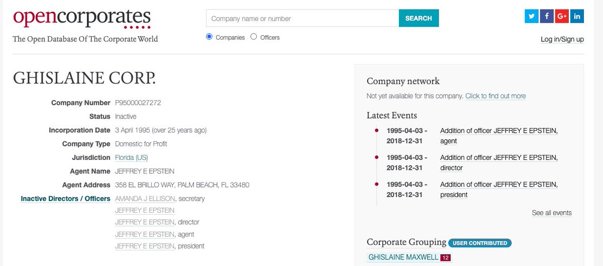Ghislaine & Epstein registered a compmay in Florida called “Ghislaine Corp.”This could be one of many fake companies they created in order to launder money.