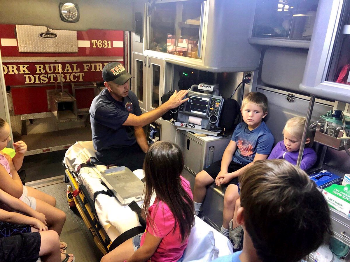 York_ParkandRec's tweet photo. The Hometown Heroes crew ventured across the street and visited the Fire Station. What a great Wednesday morning and thanks to York Fire Department! #YPR #YorkParksAndRec https://t.co/pYS66zxxIK