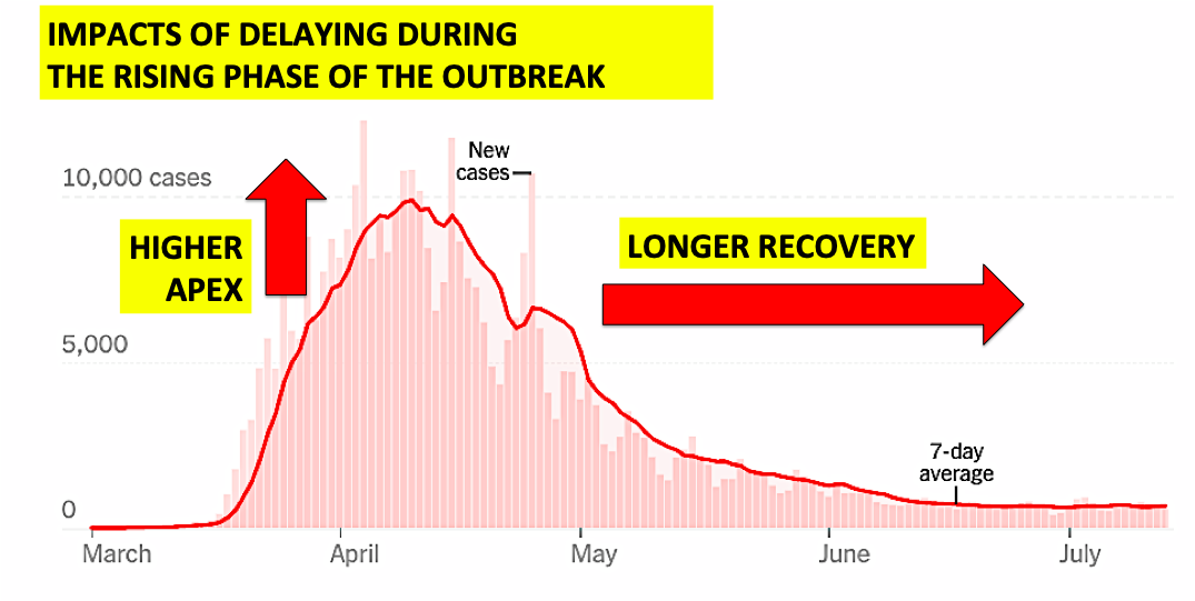 (4) There are two primary impacts of delaying public health action during the rising phase of an outbreak.1. The apex of the outbreak gets higher.2. The recovery time from the outbreak gets longer.NYC took 10w to recover from its outbreak.