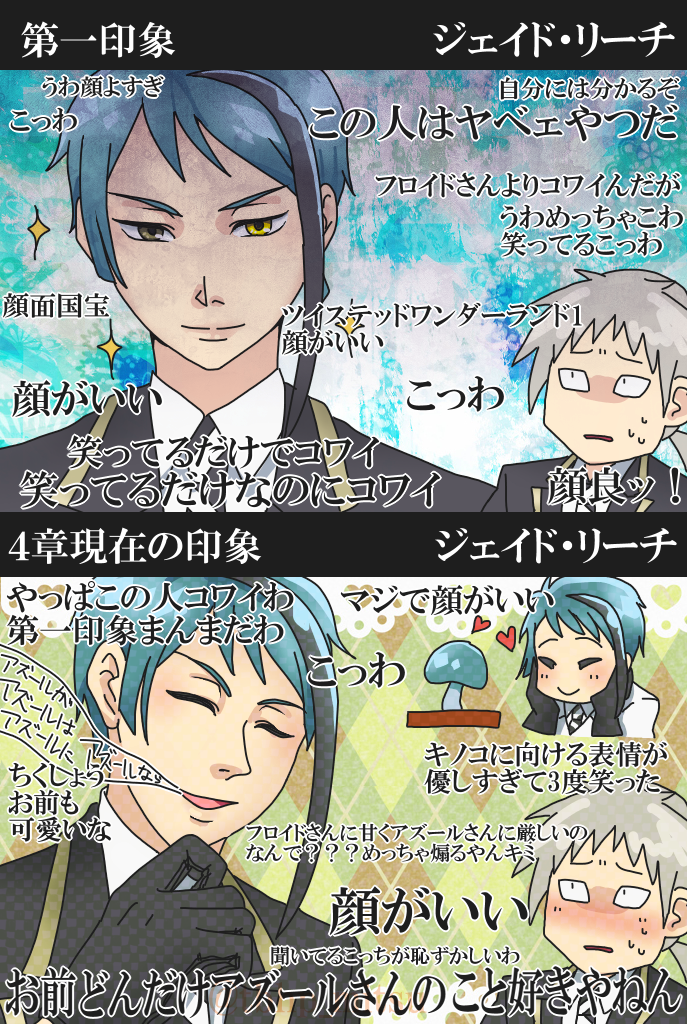#twstプラスB #twst夢
顔も個性もある男監督生による、???三人の第一印象と今(ゴスマリ後)の印象 