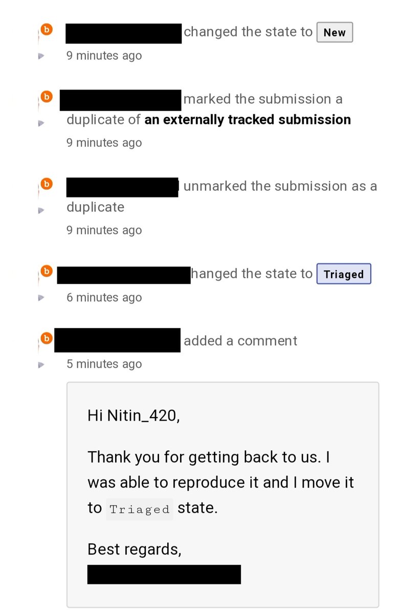 NitinGavhane_'s tweet photo. Thanks to @Bugcrowd for verification of submitted Bug report.{Dub -> Triaged}. 👍 #bugbountytips  if you believe you reported vulnerability is different , then Explain your reports. 
Never give up.
<conversation > : 30 days
Thanks @Bugcrowd team.
#bugbounty #submission #triaged https://t.co/b4e0DX8ulD