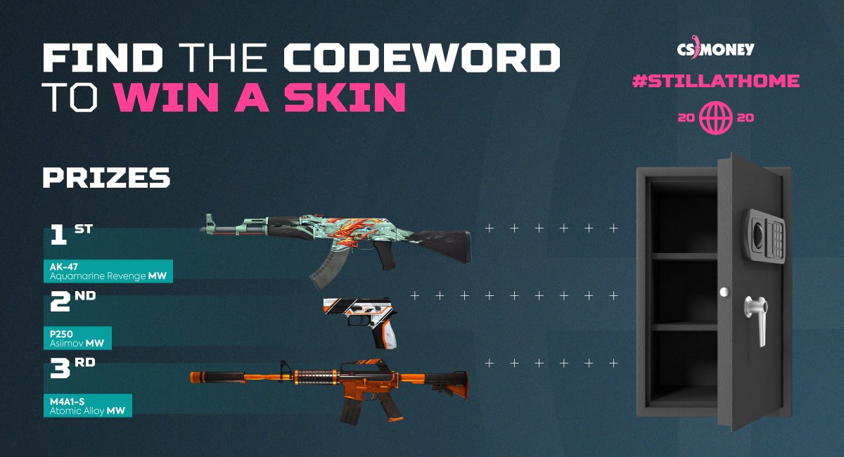 csmoneytrade's tweet photo. Skin treasury! Daily task 4!📣

Find hints hidden somewhere on our Twitter and complete the quest to join our giveaway. Start your search in the bio👀

Each winner will get one of these prizes:
— AK-47 Aquamarine Revenge MW
— P250 Asiimov MW
— M4A1-S Atomic Alloy MW

Terms👇 https://t.co/65LScfurwQ