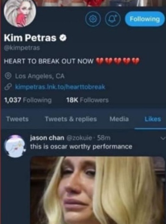 First off there was a screenshot being spread around of kim liking a tweet saying that kesha lied which is false kim saw this tweet and responded proving that the "screenshot" was photo shopped and false.