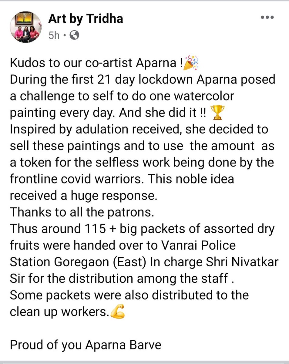 SunilBarveFc's tweet photo. Post @artbytridha

Kudos to our co-artist Aparna Barve !🎉
During the first 21 day lockdown Aparna Barve posed a challenge to self to do one watercolor painting every day. And she did it !! 🏆💪

Proud of you Aparna Barve!

#COVID19 #covidwarriors #मराठी https://t.co/VDKai1ATTW