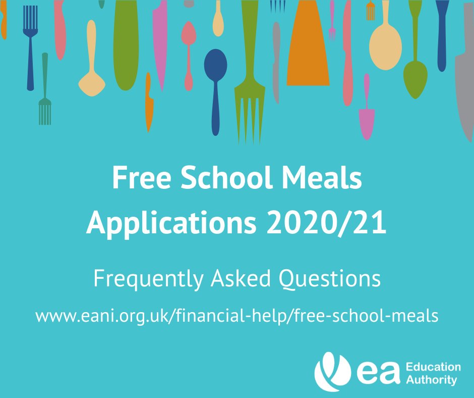 Free School Meals / Uniform Grant Applications 2020/21 EA have compiled Frequently Asked Questions on website to assist any parents / guardians who may have any queries in relation to applications for 2020/21. For further information click here: eani.org.uk/financial-help…