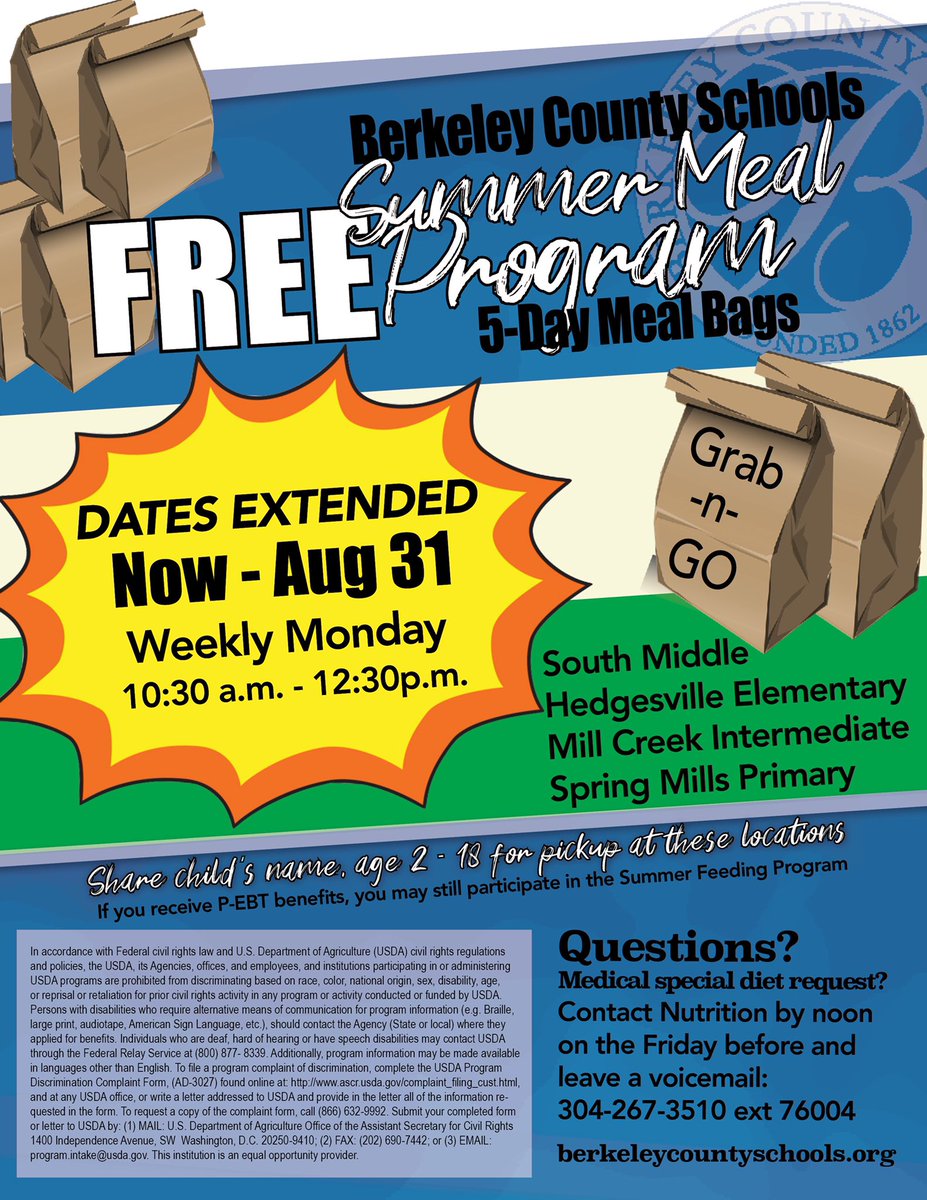 UPDATE‼️
BCS Curbside Summer Meal Program has been extended through Monday, August 31, 2020!

Share the news, tell your friends, and come see us on Mondays. 

Medical special diet request? Contact Nutrition by noon on the Friday before &amp; leave your request by voicemail.