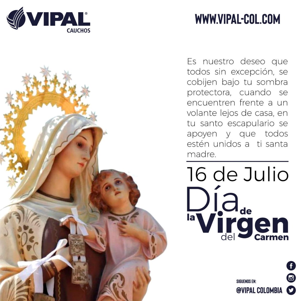 VipalColombia's tweet photo. #Vipal quiere enviar un mensaje a todos nuestros conductores héroes de las carreteras. Es nuestro deseo que todos sin excepción, se cobijen bajo tu sombra protectora, cuando se encentren frente a un volante lejos de casa, en tu santo escapulario se apoyen y que todos estén unidos https://t.co/8MKmp8QH8D