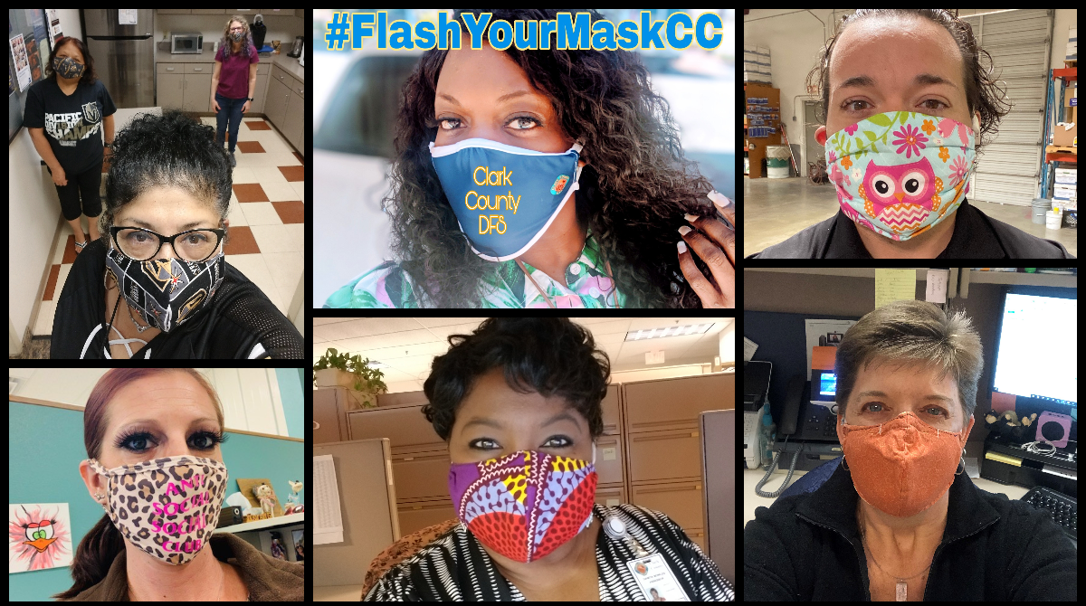 ClarkCountyNV's tweet photo. Please #MaskUp. You can get creative - use #masks to support your favorite team (like #VegasBorn), support a cause or keep it simple, any design works. But if we want to #StayOpenStaySafe, we ask people to wear masks - like our #ClarkCounty employees do.

#Vegas #MaskUpNV https://t.co/ZUjiiImO3C
