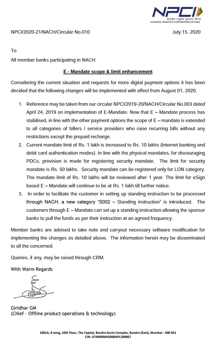 NPCI increases e-mandate limit from Rs 1 lakh to Rs 10 Lakh (for net banking and debit card authentication modes), with effect from Aug 1. eSign (Aadhaar) based  e-mandate will remain at Rs 1 lakh. #recurringpayments