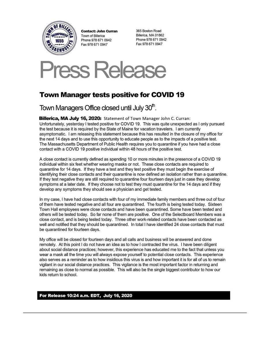 Please take a moment to read the statement from Town Manager, John Curran in regards to his positive COVID-19 Test.