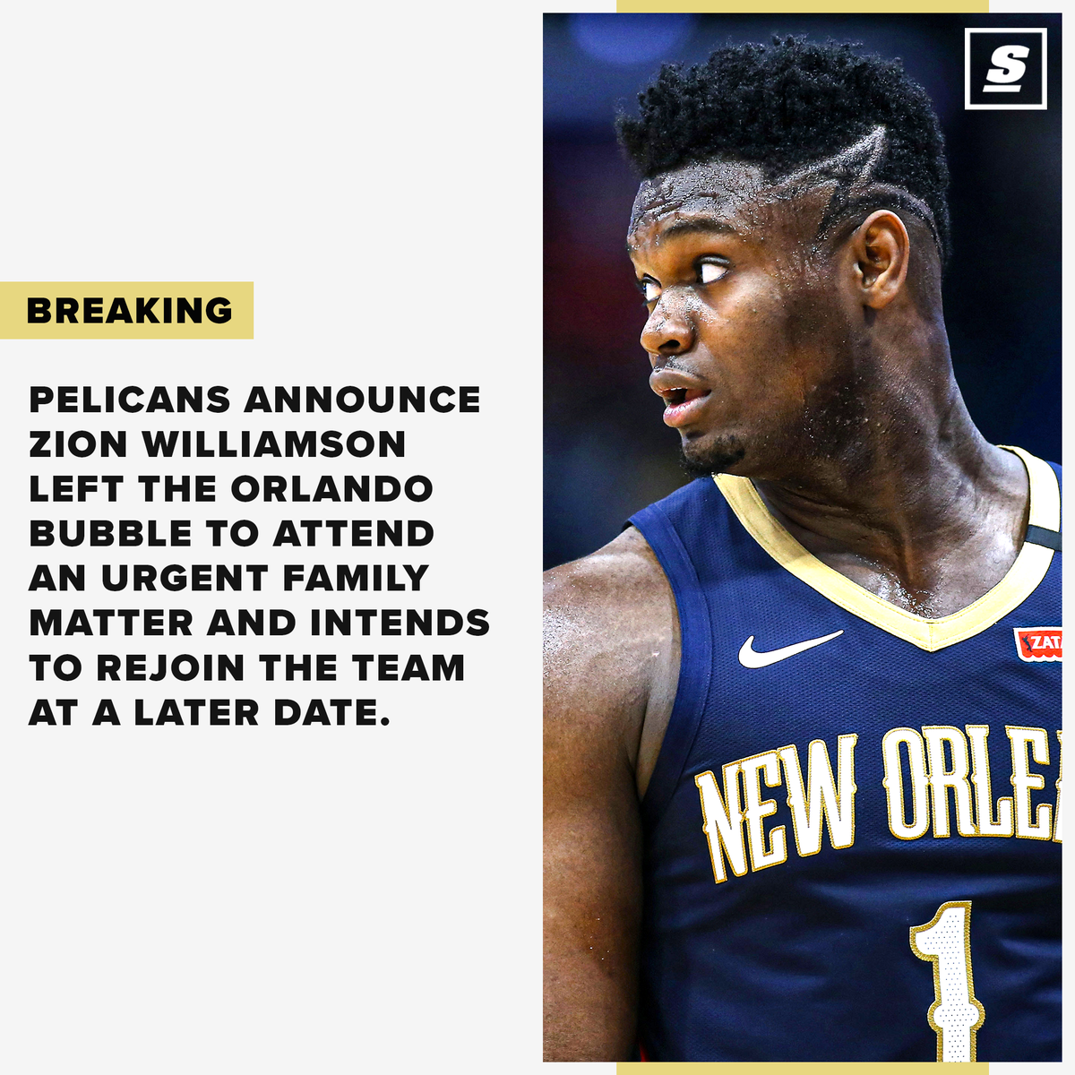 theScore's tweet photo. Zion Williamson will be subject to a mandatory four-day quarantine period if he returns. https://t.co/1vkzrMeqDa https://t.co/FnGlTsQHUH