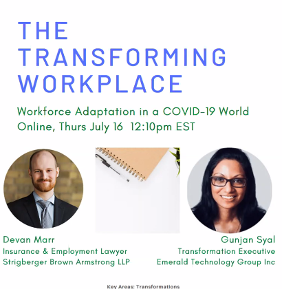 looking forward to hearing #CDL member Devan Marr &amp; Gunjan Syal discuss workplace adaptation in a Covid-19 world <a href="/gunjansyal/">Gunjan Syal (She/ Her)</a> @coffeeshopnomad <a href="/sbalawyers/">SBA Lawyers LLP</a>