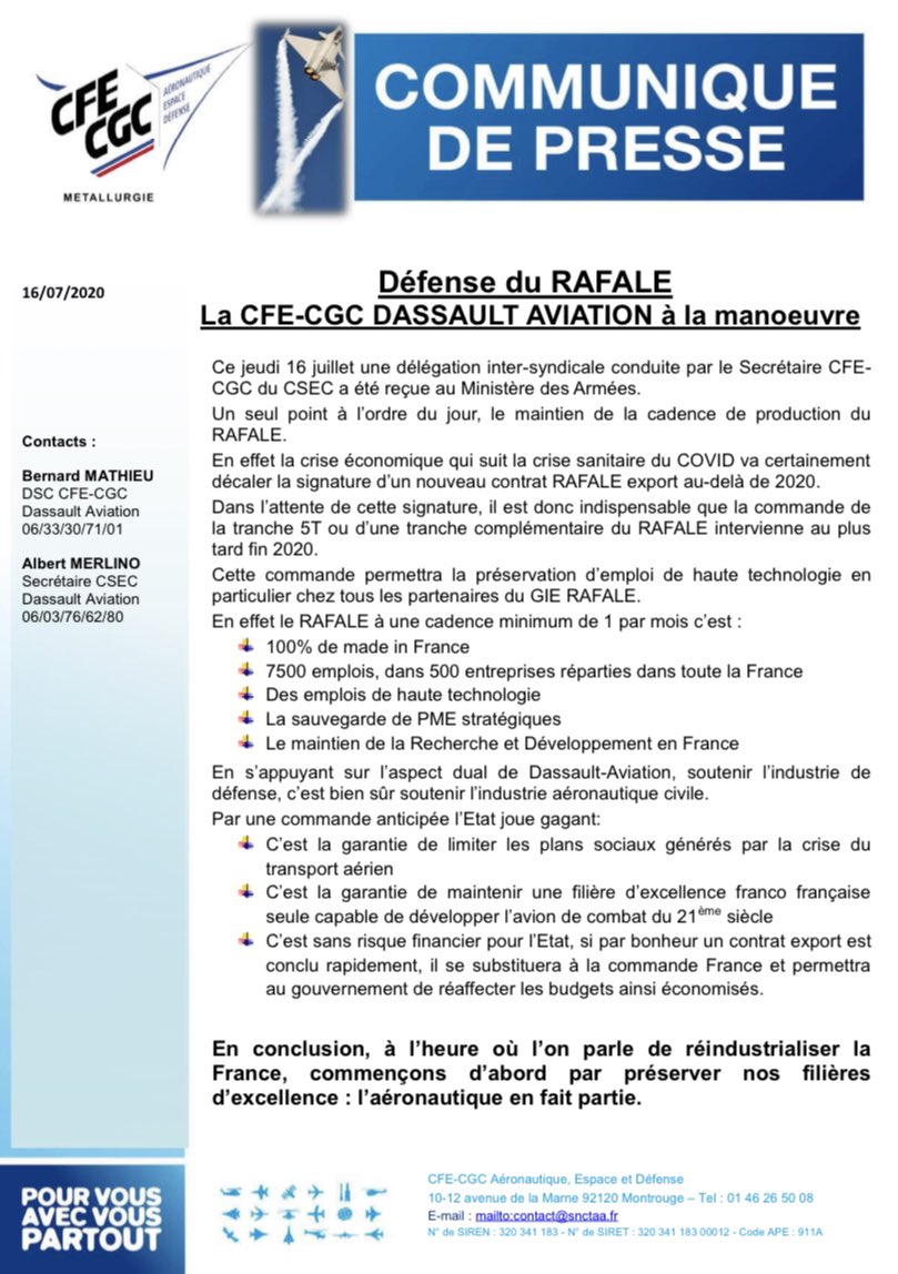 cfecgcaed's tweet photo. Défense du #RAFALE ! La #CFECGC 
#Dassault Aviation à la manoeuvre... Ce jeudi 16 juillet une délégation inter-syndicale conduite par le Secrétaire CFECGC du CSEC a été reçue au Ministère des #Armées. https://t.co/2oi7cyzBQq