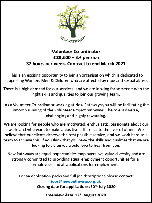 newpathways_'s tweet photo. We are recruiting: We have a number of roles across our services to support the high demand for our services. Further 3 roles: Sexual Violence Support workers, Volunteer Coordinator, Counsellor. For application packs, contact jobs@newpathways.org.uk https://t.co/QMHm6iFQ2q