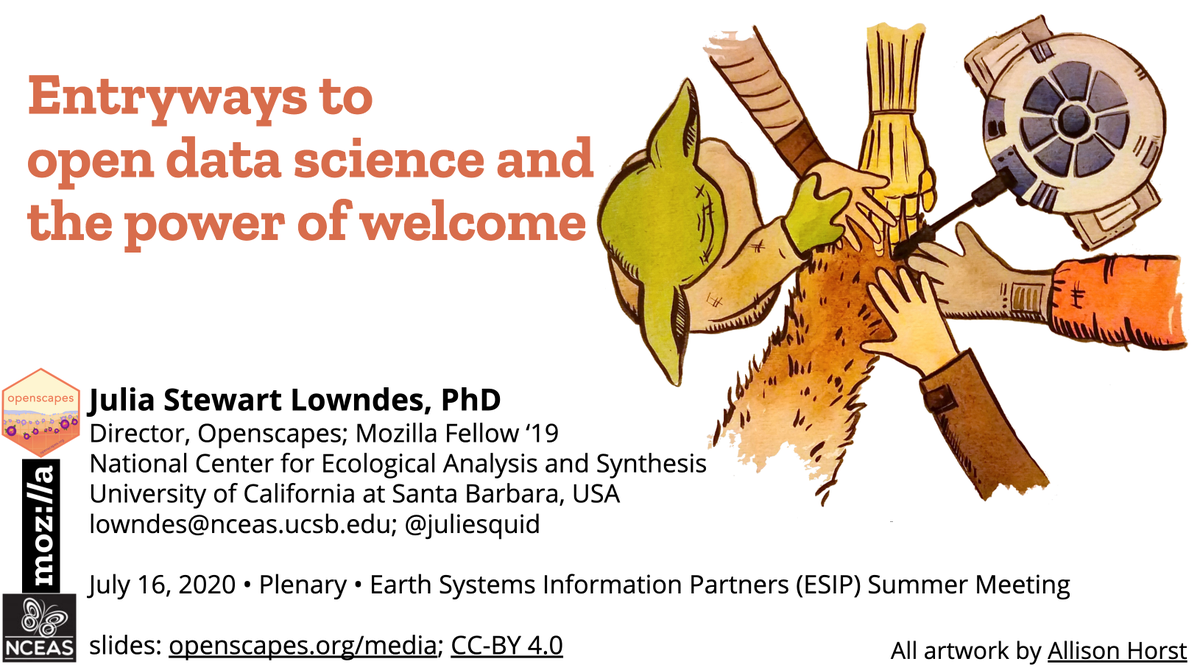 juliesquid's tweet image. Thank you @ESIPfed this meaningful #ESIPSummer2020 meeting! Slides from my plenary this morning are linked from openscapes.org/media (with speaker notes) and from ESIP’s figshare! @openscapes #opendatascience