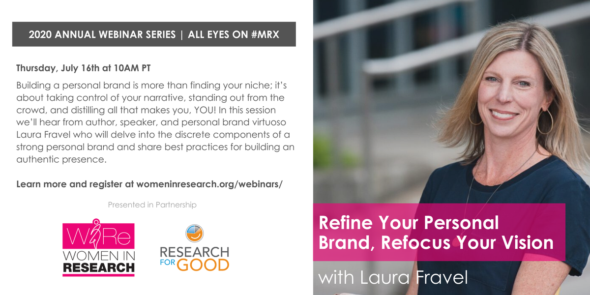 There's still time! Join #WomeninResearch, <a href="/ResearchForGood/">RFG</a>, and Personal Branding expert 
<a href="/LauraFravel/">Laura Fravel | Thought Leadership Advisor</a> at the top of the hour for, "Refine Your Personal Brand, Refocus Your Vision." Head over to bit.ly/WIReWebinars to register NOW!

#MarketResearch #MRX #personalbrand