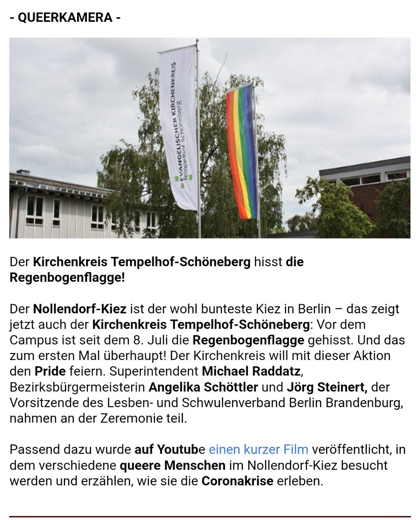 Danke @Queerspiegel vom @Tagesspiegel! 🏳️‍🌈
Unseren Film mit den Begegnungen im #Regenbogen-Kiez rund um den Nollendorfplatz seht ihr hier:  youtu.be/zKyfx-Bpl3M 
#LiebetutderSeelegut #tsevangelisch #pride #PRIDE2020 #berlinpride #Berlin