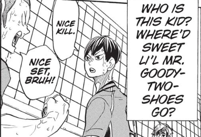 In this match, Tanaka urges Kageyama to toss to him (set 1) and, likewise, Kageyama trusts/pressures Tanaka (Set 3). Both urge each other on & live up to the other's expectations. I take note of this as it hints us the Setter-Ace dynamic between Tanaka and Kageyama in the future.