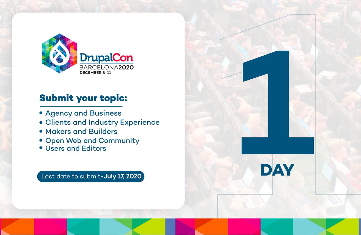 We know that your favorite time to submit is the last moment so here it is almost! Just 1 day left before #DrupalConEur session submissions close. Submit now at tiny.cc/vkqkrz