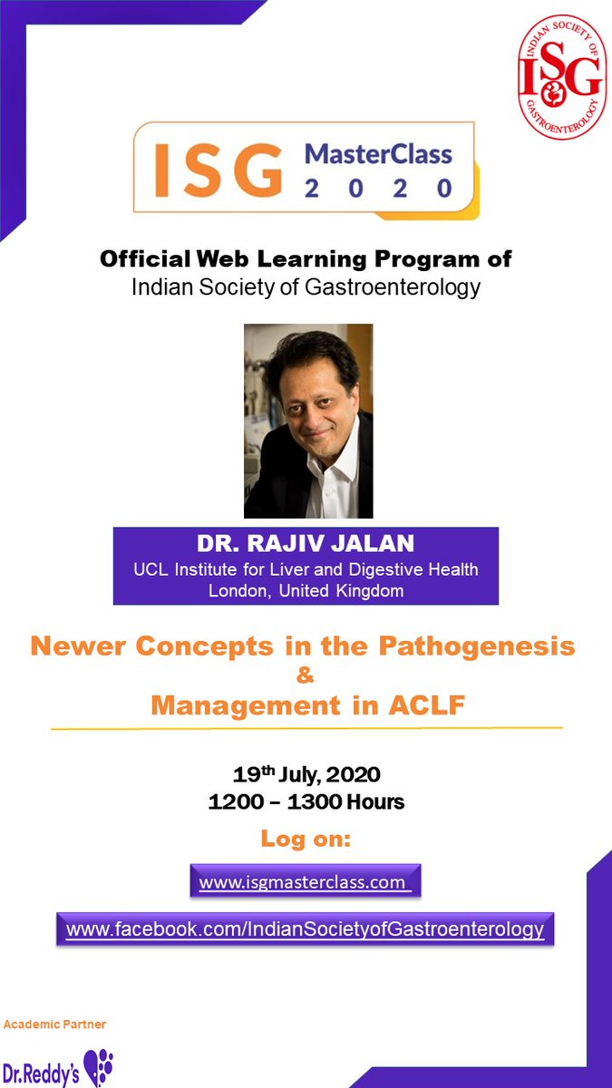 IsgSecretariat's tweet photo. ISG Master Class XX
Dr Rajiv Jalan (University College, London) 
"Newer Concepts in the Pathogenesis and Management of AVLF" 
July 19, Sunday at 1200- 1300 Hours.
Log on: https://t.co/RoSGeMeT7t
LIVE streaming on Facebook too ! https://t.co/65F8E2huSZ