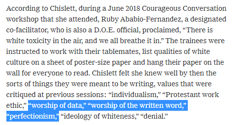 Whether woke or malicious, race essentialism brings you to the same bigoted, ahistorical conclusions: that non-white people don't really deserve their accomplishments, they're not naturally capable of scientific or rational thought, that they're chronically late etc.