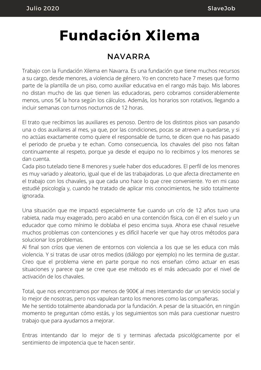 JobsticeOficial's tweet photo. Experiencia en la "Fundación Xilema" de Navarra.
Es una verdadera lástima que haya que publicar experiencias en fundaciones, de poco sirven las buenas intenciones si luego tratas mal a tus trabajadorxs.
#SlaveJob #Navarra #Precariedad #SlaveJobNavarra #FundacionXilema https://t.co/6KN3VEJOsI